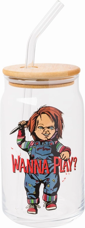 Silver Buffalo Chucky Wanna Play Scary Glass Jar Tumbler with Bamboo Lid and Glass Straw, 16 Ounces