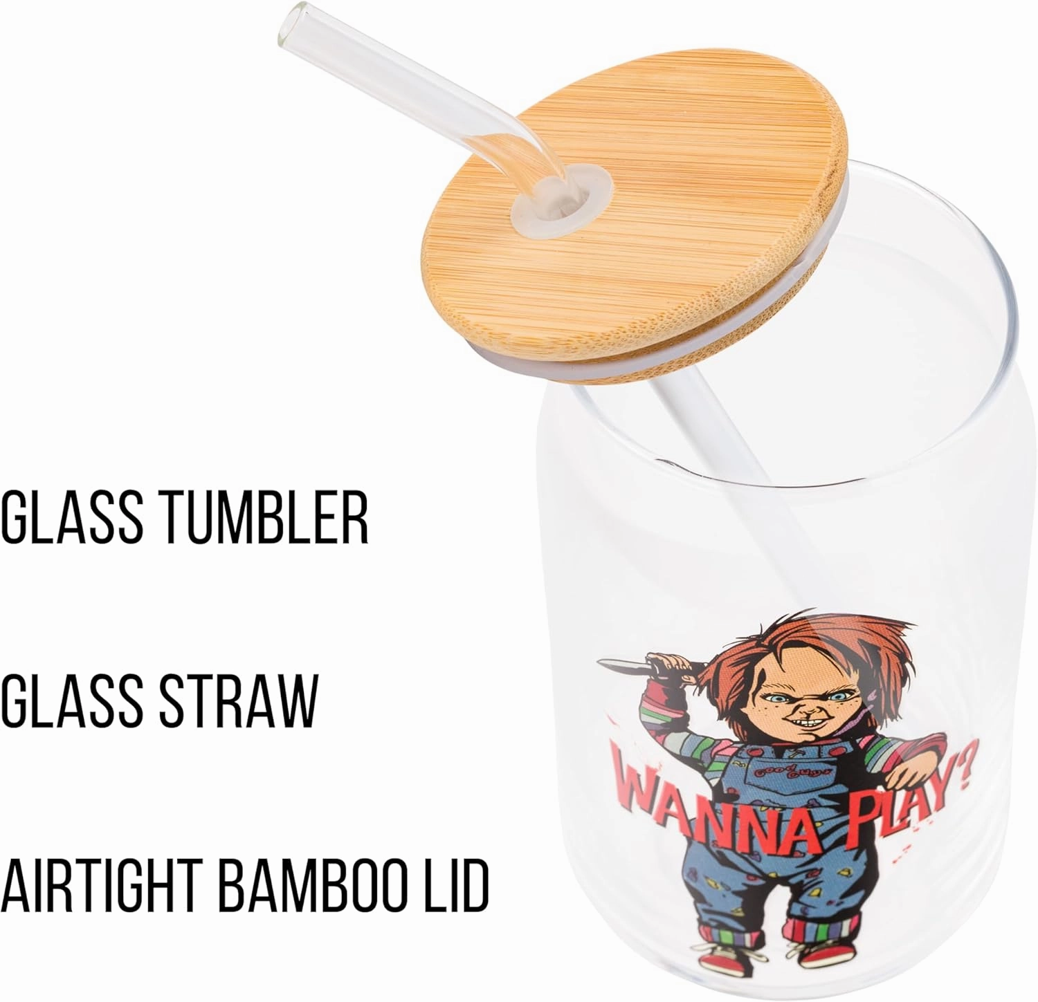 Silver Buffalo Chucky Wanna Play Scary Glass Jar Tumbler with Bamboo Lid and Glass Straw, 16 Ounces