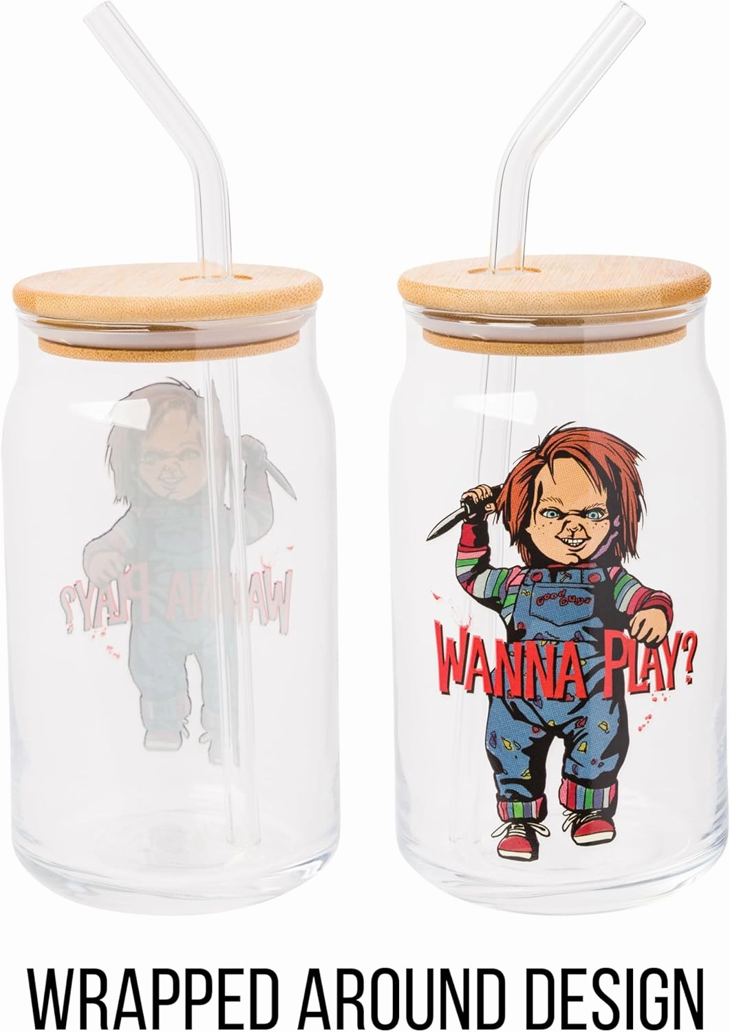 Silver Buffalo Chucky Wanna Play Scary Glass Jar Tumbler with Bamboo Lid and Glass Straw, 16 Ounces