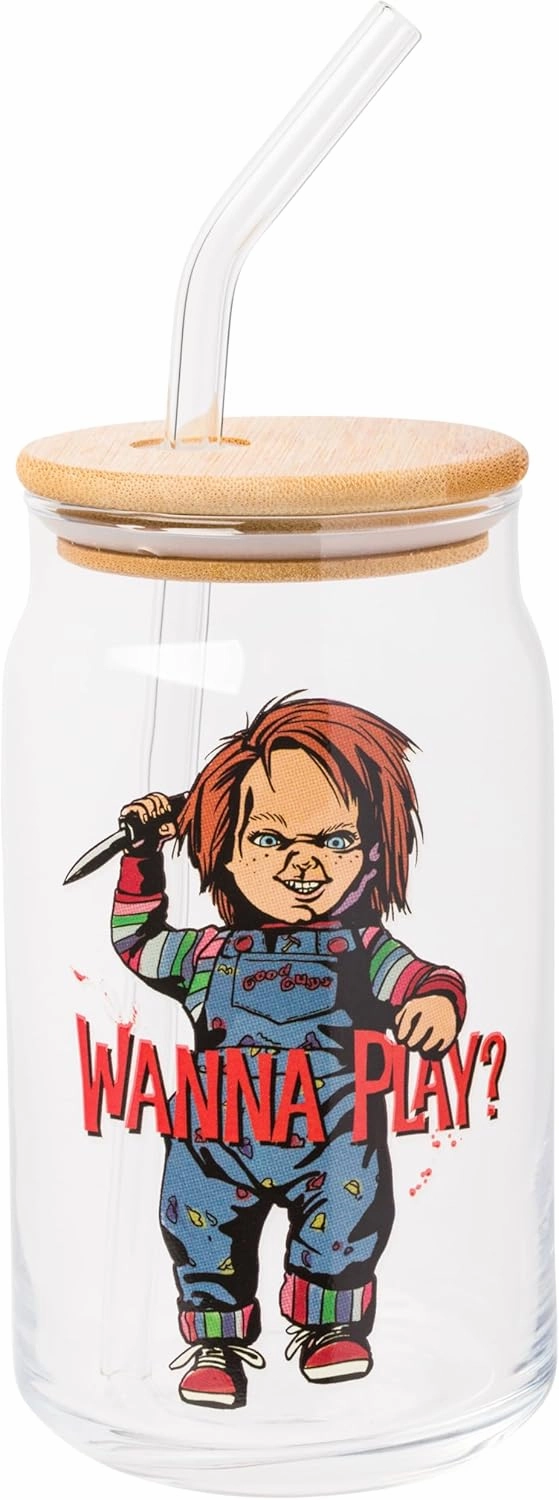 Silver Buffalo Chucky Wanna Play Scary Glass Jar Tumbler with Bamboo Lid and Glass Straw, 16 Ounces