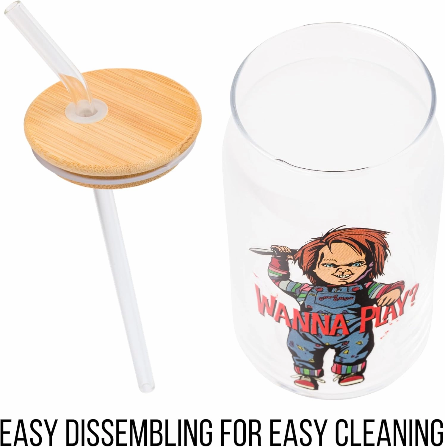 Silver Buffalo Chucky Wanna Play Scary Glass Jar Tumbler with Bamboo Lid and Glass Straw, 16 Ounces
