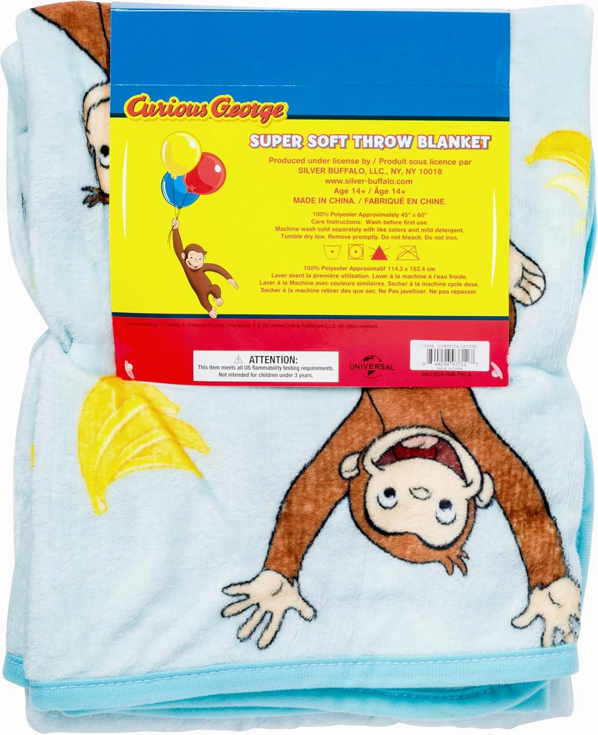 Silver Buffalo Curious George Monkey Banana 45" x 60" Fleece Throw, Soft and Cozy Blanket, 185 GSM