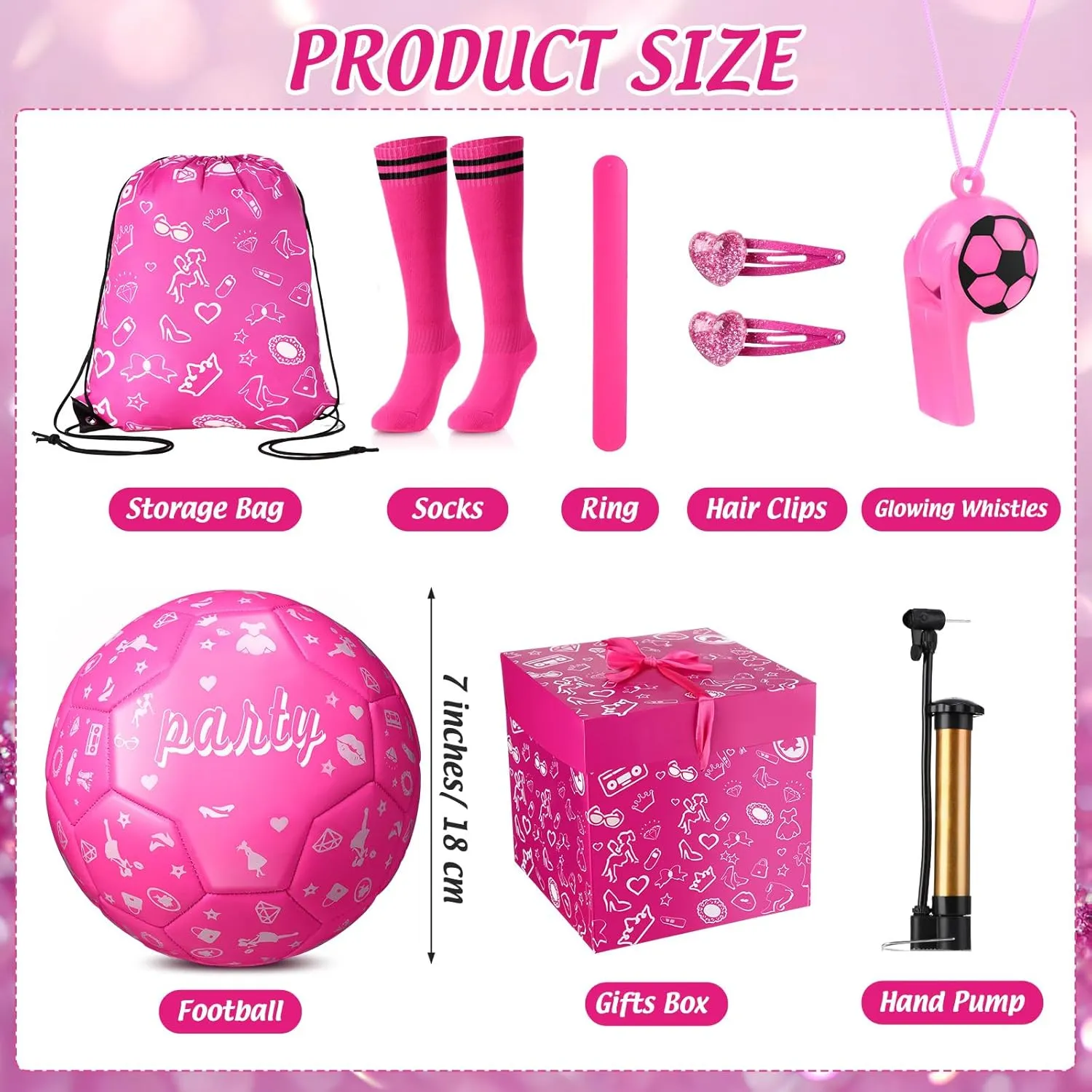Size 3 Soccer Ball Set for Boys and Girls, Size 3 Cartoon Soccer Ball Gifts with Pump Drawstring Bag Costume Accessories for Kids Birthday Sport Party Favors(Hot Pink Girl)
