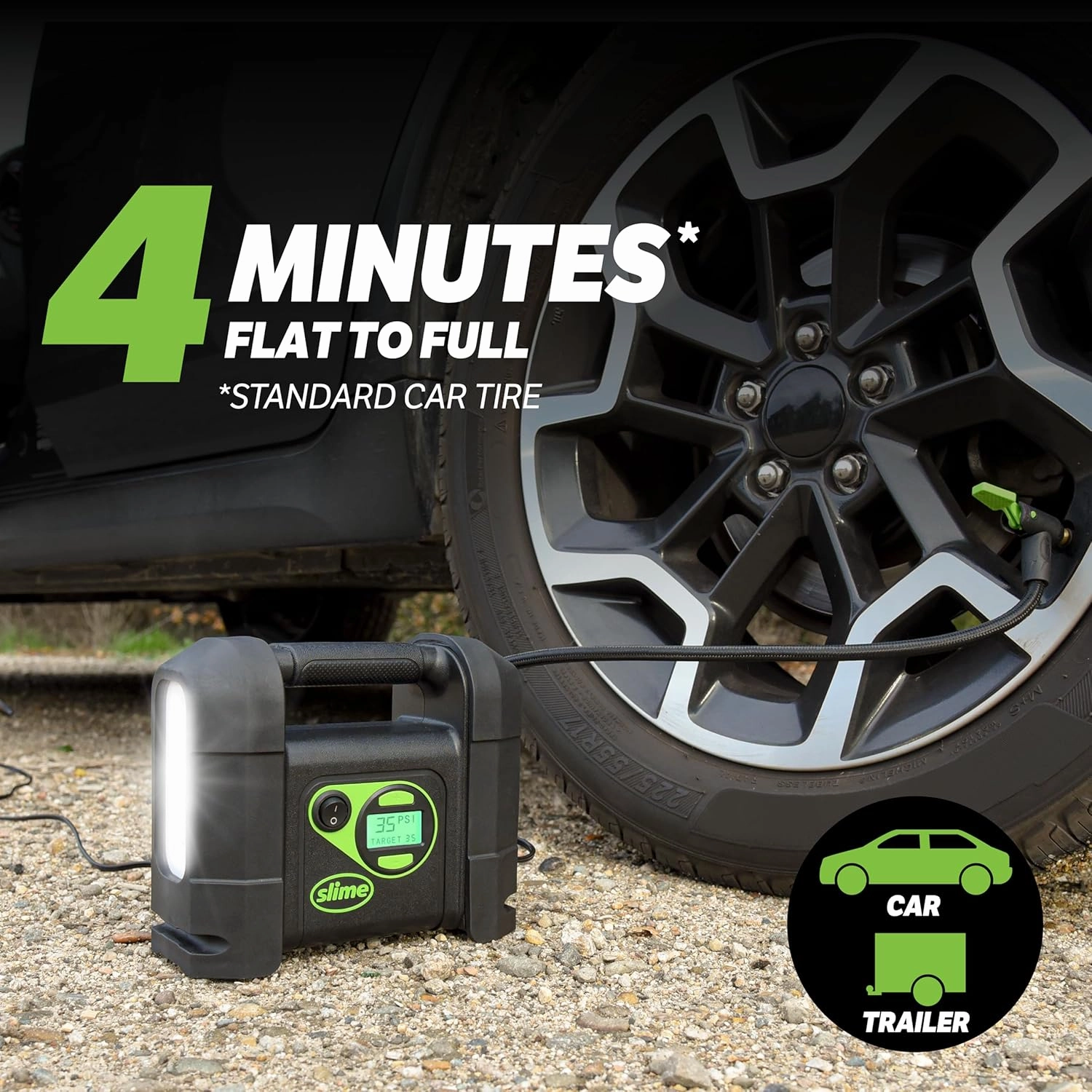 Slime 40047 Tire Inflator, Portable Car Air Compressor, Rugged, Inflate Right Automatic Shut Off, with Digital 99 psi Display, Long Hose and LED Light, 12V, 4 min Inflation