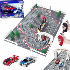 Slot Car Race Track Sets with 2 Lap Counter Tracks 2 Adjustable Speed Controllers 2 Cars, Battery or Electric 1:87 Block Building Baseplate DIY Racetrack for Kids Boys Girls Ages 8 