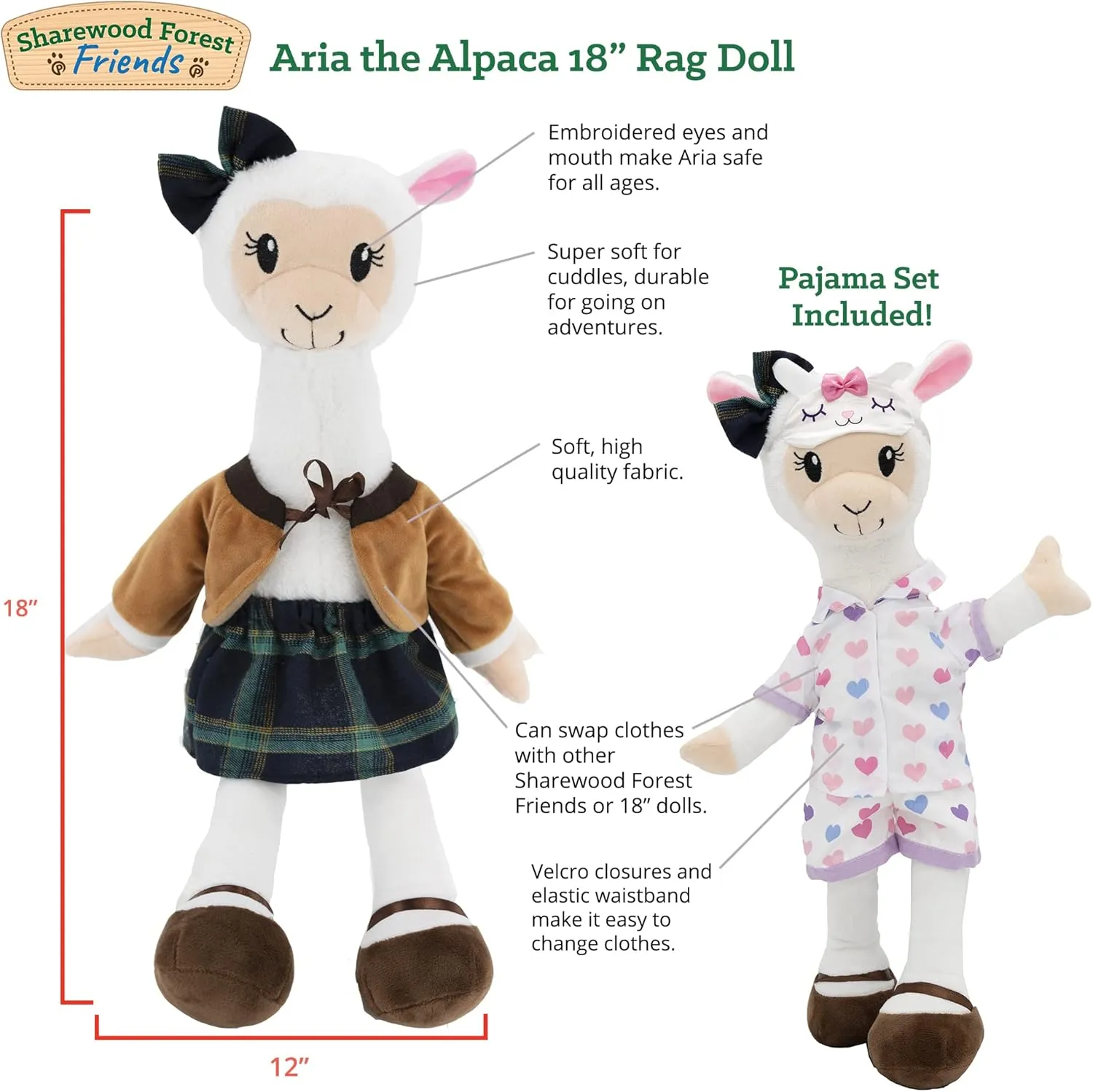 Soft Baby Doll - Plush Rag with 2 Clothing Set, My First Plush Toy for Girls, Boys & Infants, Stuffed Toy, Adorable Companion for 1 Year Old & Up - 18 Inch Alpaca