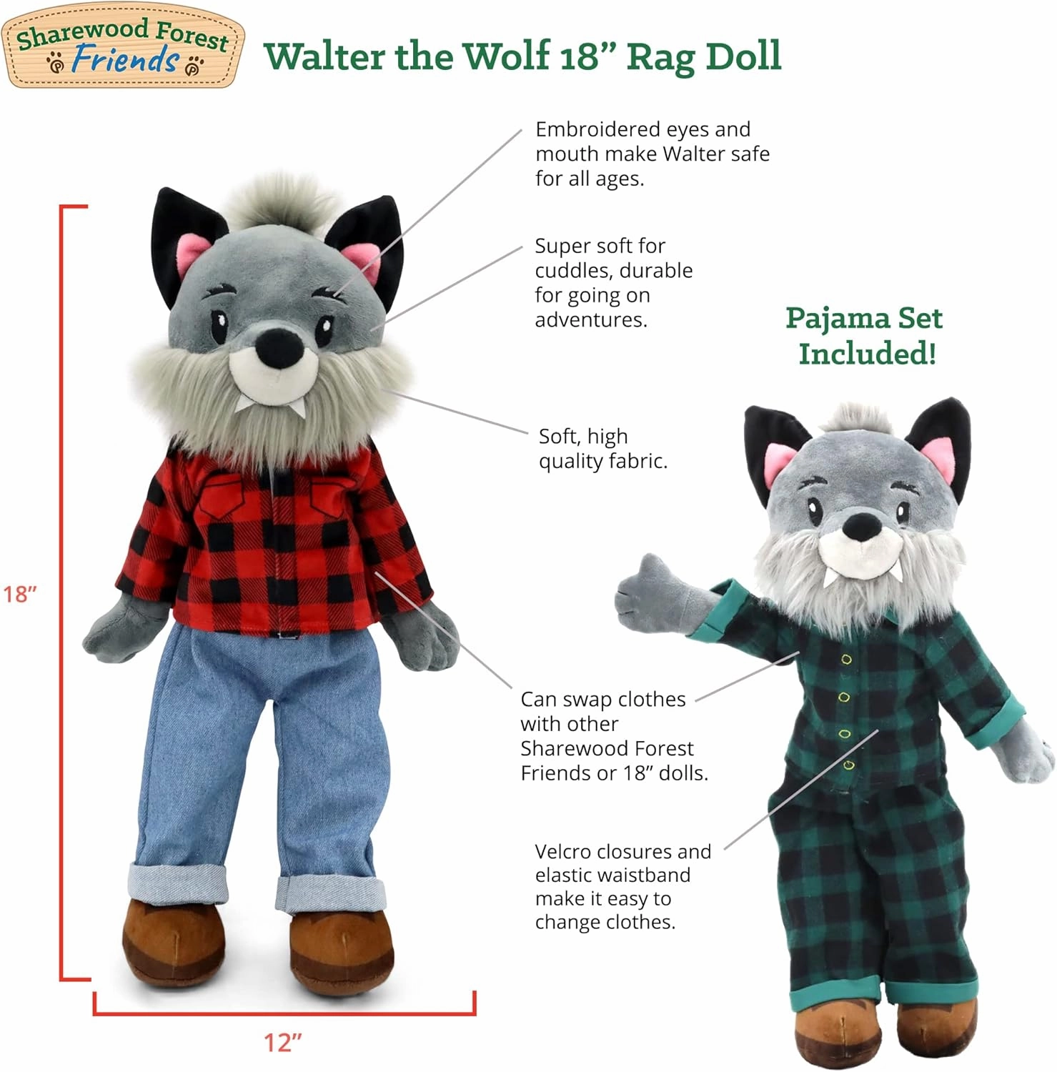 Soft Baby Doll - Plush Rag with 2 Clothing Sets, My First Plush Stuffed Toy for Girls, Boys & Infants, Adorable Companion for 1 Year Old & Up - 18 Inch Werewolf