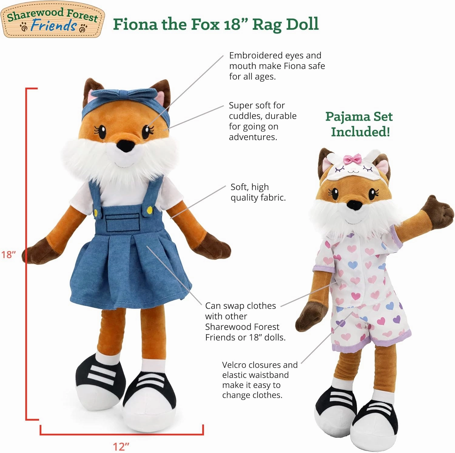 Soft Baby Doll - Plush Rag with 2 Clothing Sets, My First Plush Toy for Girls, Boys & Infants, Stuffed Toy, Adorable Companion for 1 Year Old & Up - 18 Inch Fox