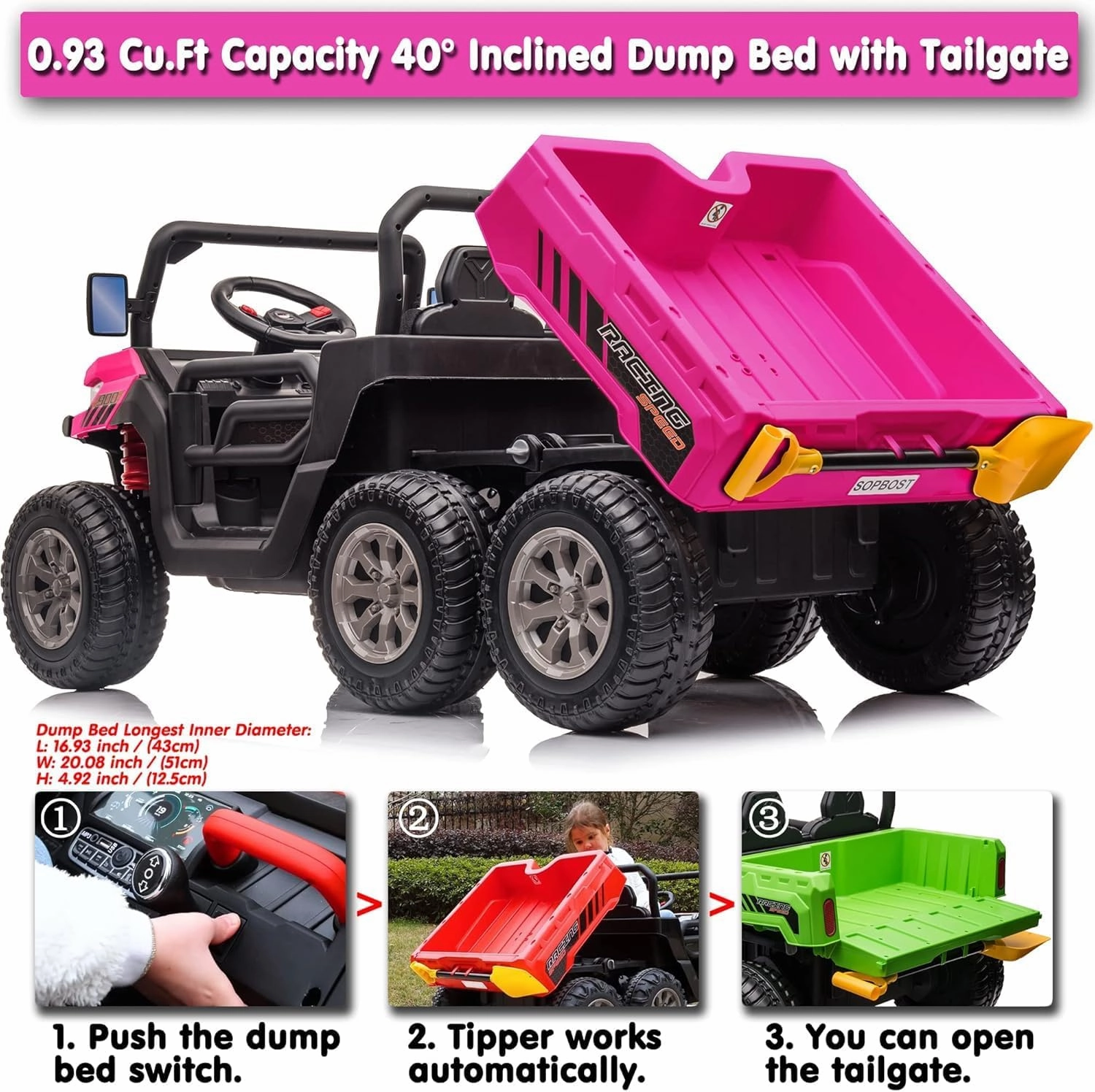 sopbost 24V 2 Seater Kids UTV Ride On Truck with Dump Bed Battery Powered Toy Car with Remote Control 4WD Side by Side Electric Vehicle, Music Play, Pink