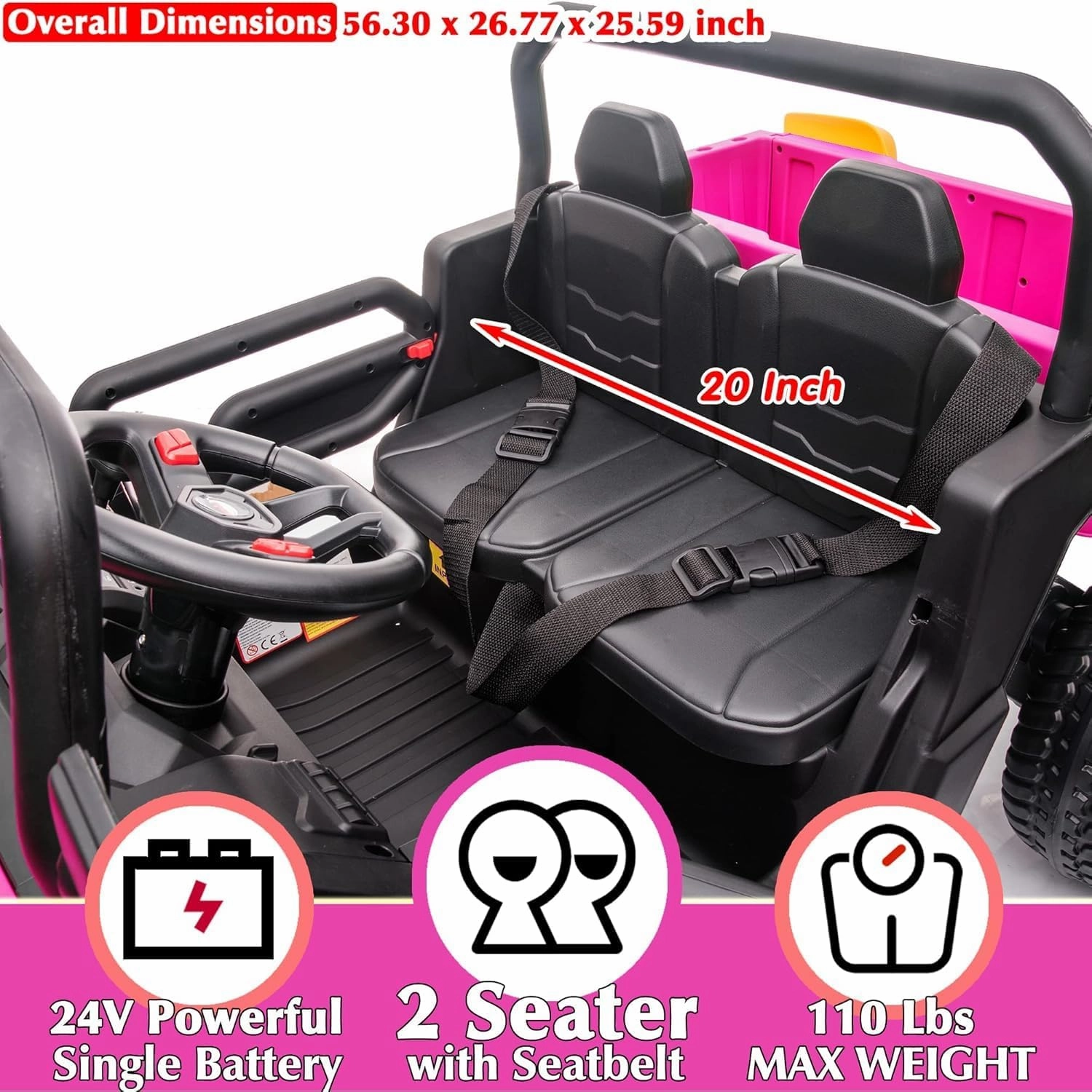 sopbost 24V 2 Seater Kids UTV Ride On Truck with Dump Bed Battery Powered Toy Car with Remote Control 4WD Side by Side Electric Vehicle, Music Play, Pink