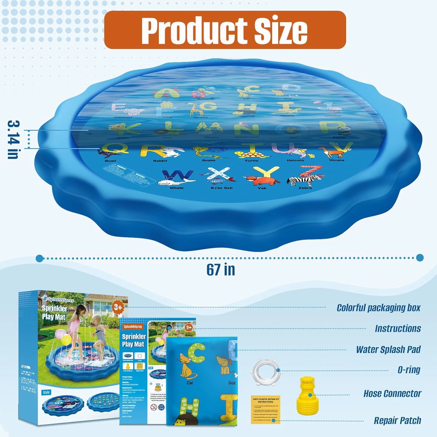 Splash Pad “from A to Z”, Toddler Outdoor Toys Spray Water for Aged 3 , Kids Outside Sprinkler Cooling Play Mat for Learning, Summer Fun for Boys & Girls in Yards (67 inch, Blue)