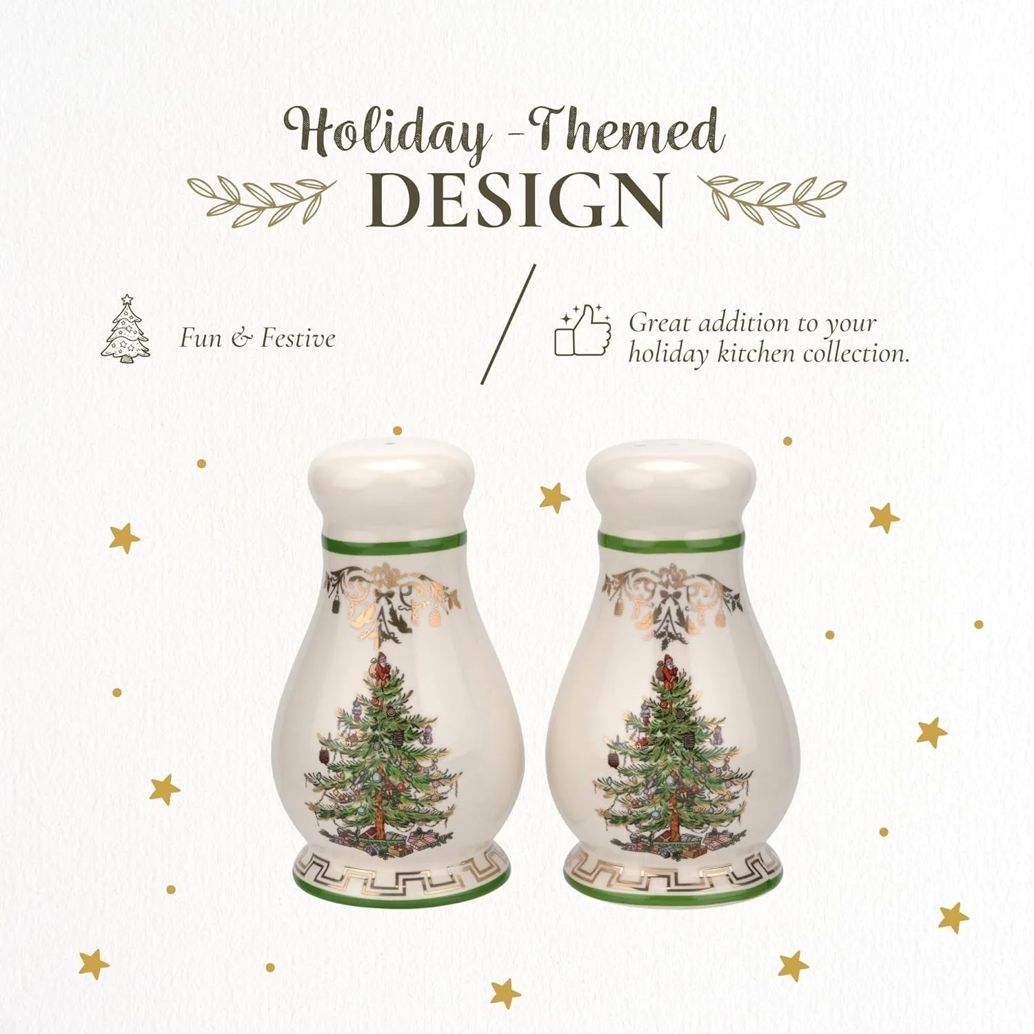Spode Christmas Tree Gold Salt and Pepper Shaker Set (2-Piece)- Holiday Kitchen & Table Décor - Festive Home Accent, Christmas Gift/Stocking Stuffer for Collectors & Holiday Enthusiasts
