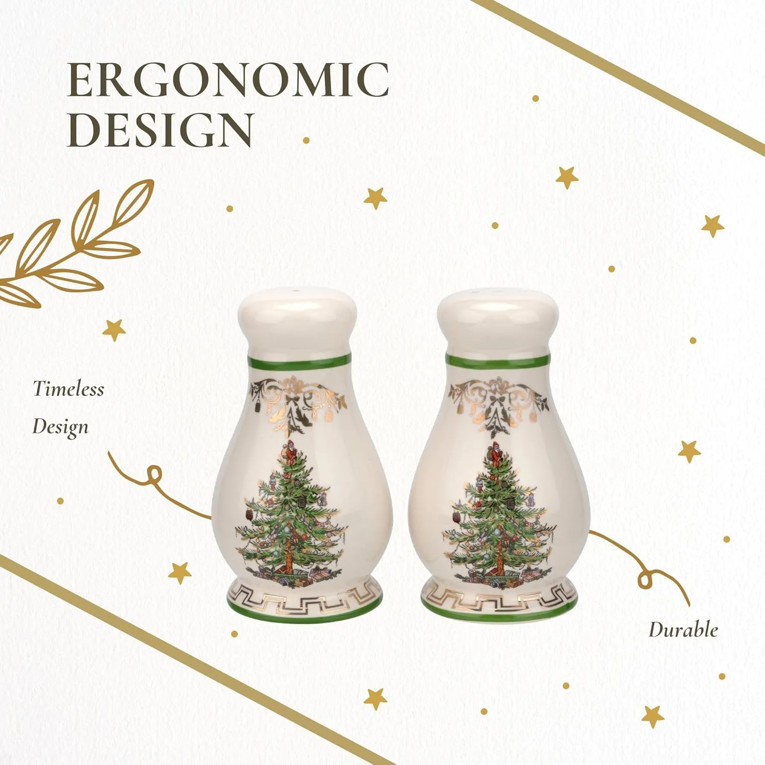Spode Christmas Tree Gold Salt and Pepper Shaker Set (2-Piece)- Holiday Kitchen & Table Décor - Festive Home Accent, Christmas Gift/Stocking Stuffer for Collectors & Holiday Enthusiasts