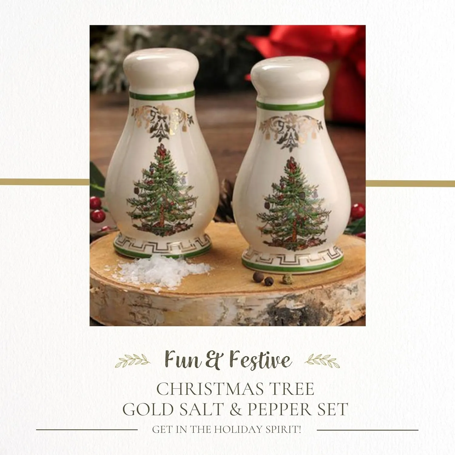 Spode Christmas Tree Gold Salt and Pepper Shaker Set (2-Piece)- Holiday Kitchen & Table Décor - Festive Home Accent, Christmas Gift/Stocking Stuffer for Collectors & Holiday Enthusiasts