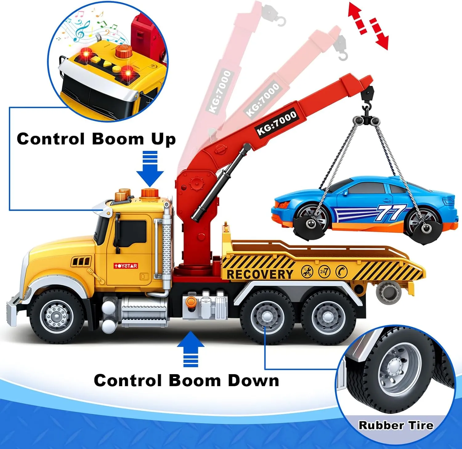 SpringFlower 15" Large Tow Truck Toy, Toy for 3 4 5 6 Years Old Boy Toddlers, Truck Vehicle Toy with Racing Car, Traffic Signs, Working Hook, Light Sound, Birthday Gifts for Boys & Girls