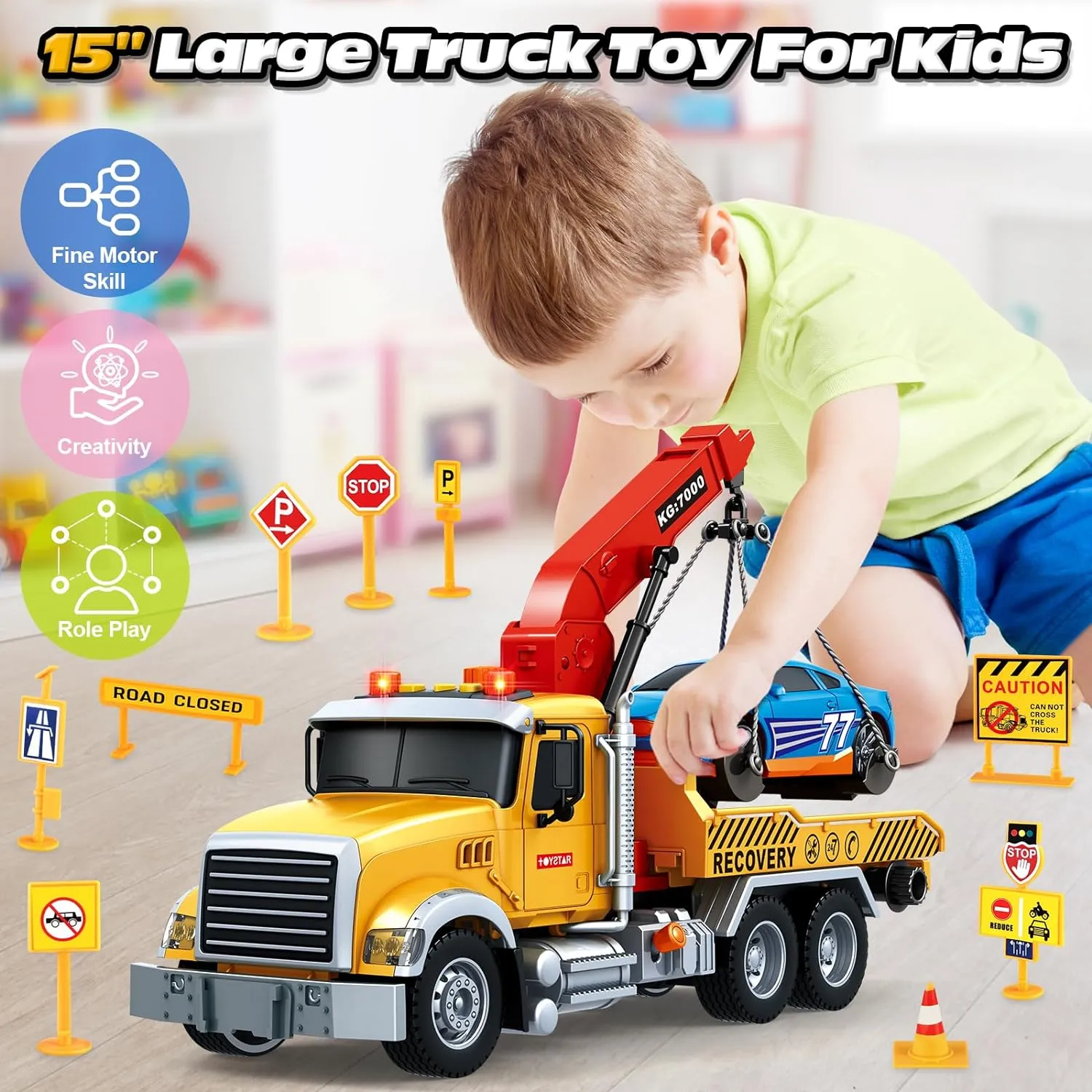 SpringFlower 15" Large Tow Truck Toy, Toy for 3 4 5 6 Years Old Boy Toddlers, Truck Vehicle Toy with Racing Car, Traffic Signs, Working Hook, Light Sound, Birthday Gifts for Boys & Girls