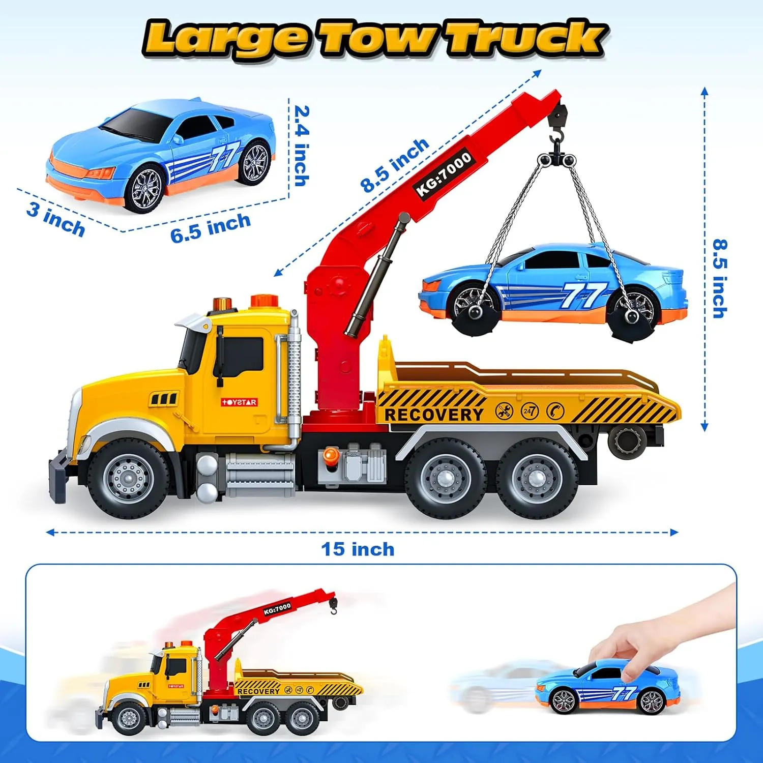 SpringFlower 15" Large Tow Truck Toy, Toy for 3 4 5 6 Years Old Boy Toddlers, Truck Vehicle Toy with Racing Car, Traffic Signs, Working Hook, Light Sound, Birthday Gifts for Boys & Girls