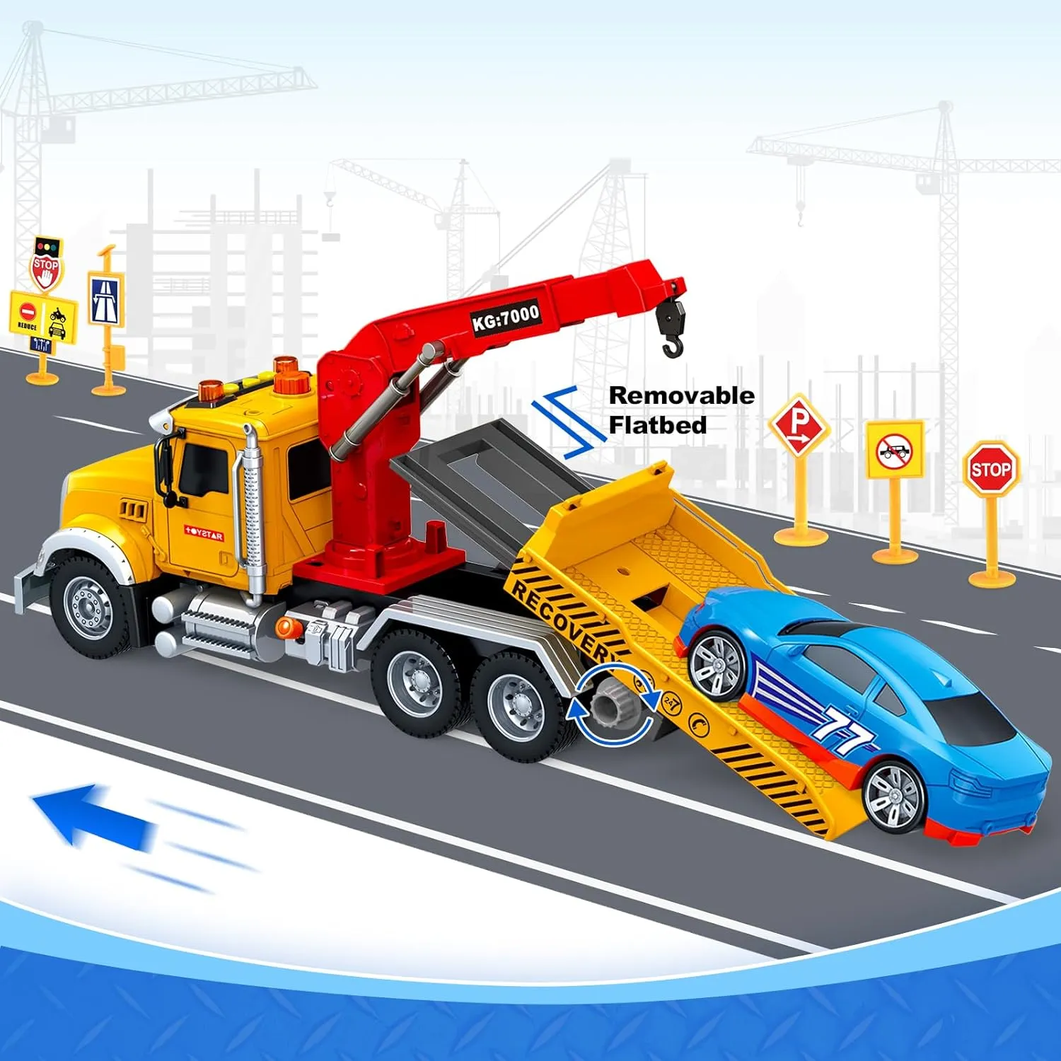 SpringFlower 15" Large Tow Truck Toy, Toy for 3 4 5 6 Years Old Boy Toddlers, Truck Vehicle Toy with Racing Car, Traffic Signs, Working Hook, Light Sound, Birthday Gifts for Boys & Girls