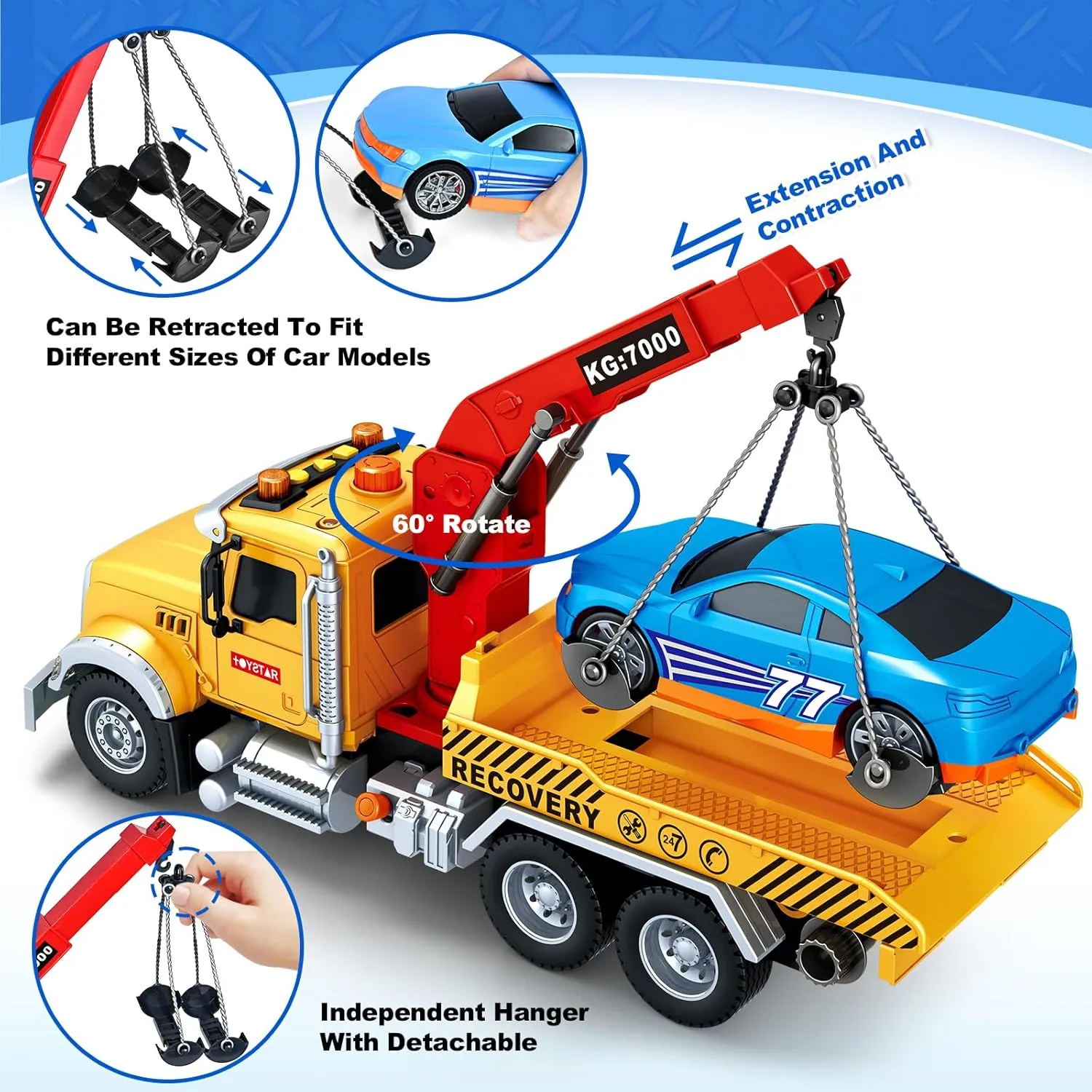 SpringFlower 15" Large Tow Truck Toy, Toy for 3 4 5 6 Years Old Boy Toddlers, Truck Vehicle Toy with Racing Car, Traffic Signs, Working Hook, Light Sound, Birthday Gifts for Boys & Girls