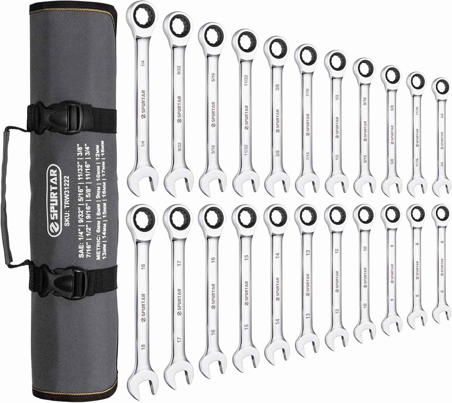 Spurtar 22 Pieces Ratcheting Wrench Set 1/4''-3/4'' & 6-18mm Combination Ratchet Wrenches Set 72 Teeth CR-V Steel Mirror Finish with Portable Carrying Bag Gadget for Men