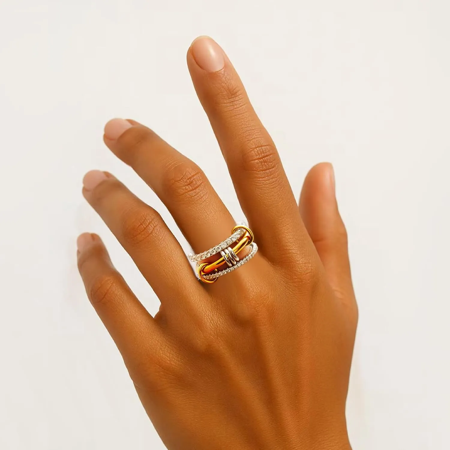 Stackable Rings for Women Non Tarnish,Dainty 18k Gold Plated CZ Cubic Zirconia Rings,Silver and Gold Rings Set,Multi-Link Connected Rings