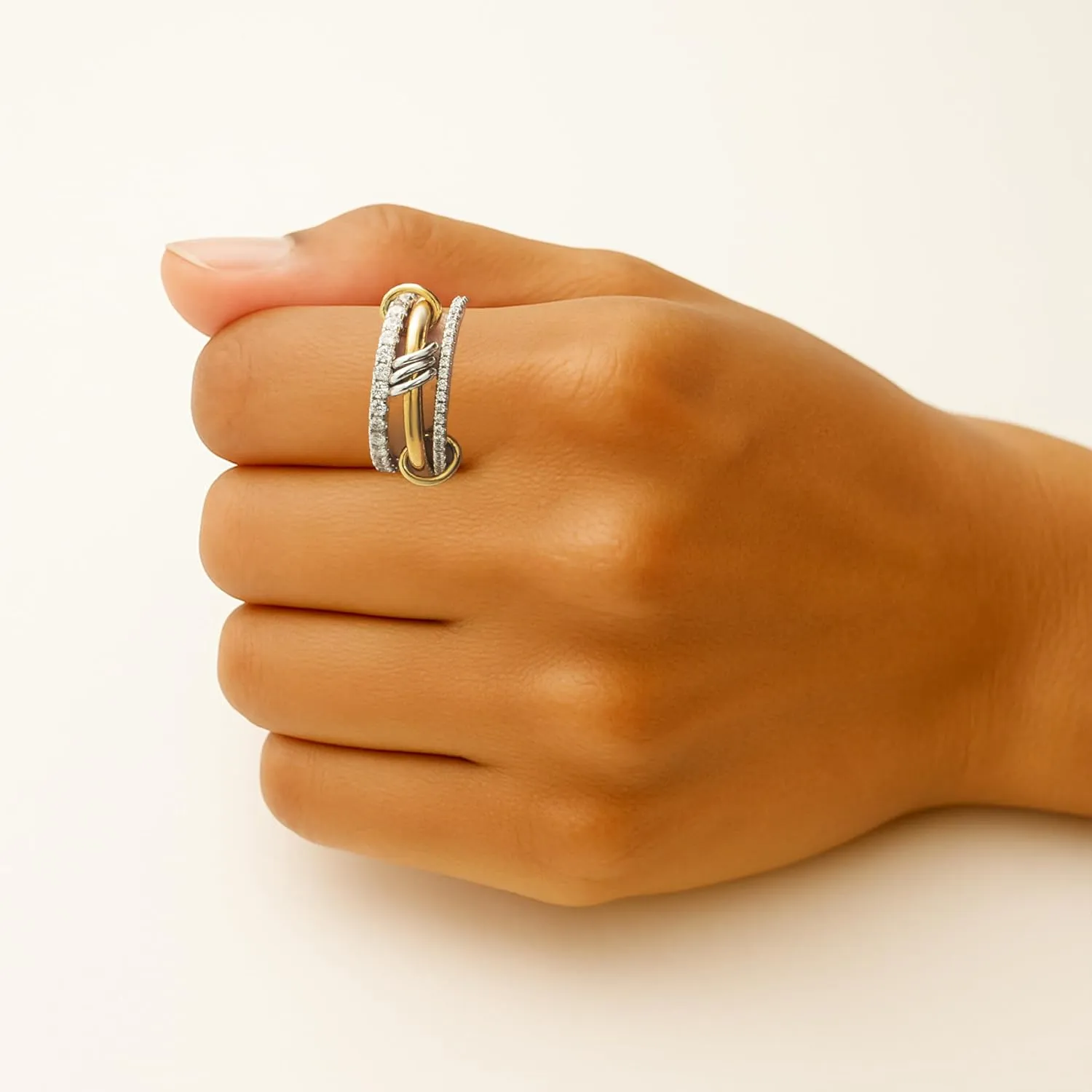 Stackable Rings for Women Non Tarnish,Dainty 18k Gold Plated CZ Cubic Zirconia Rings,Silver and Gold Rings Set,Multi-Link Connected Rings