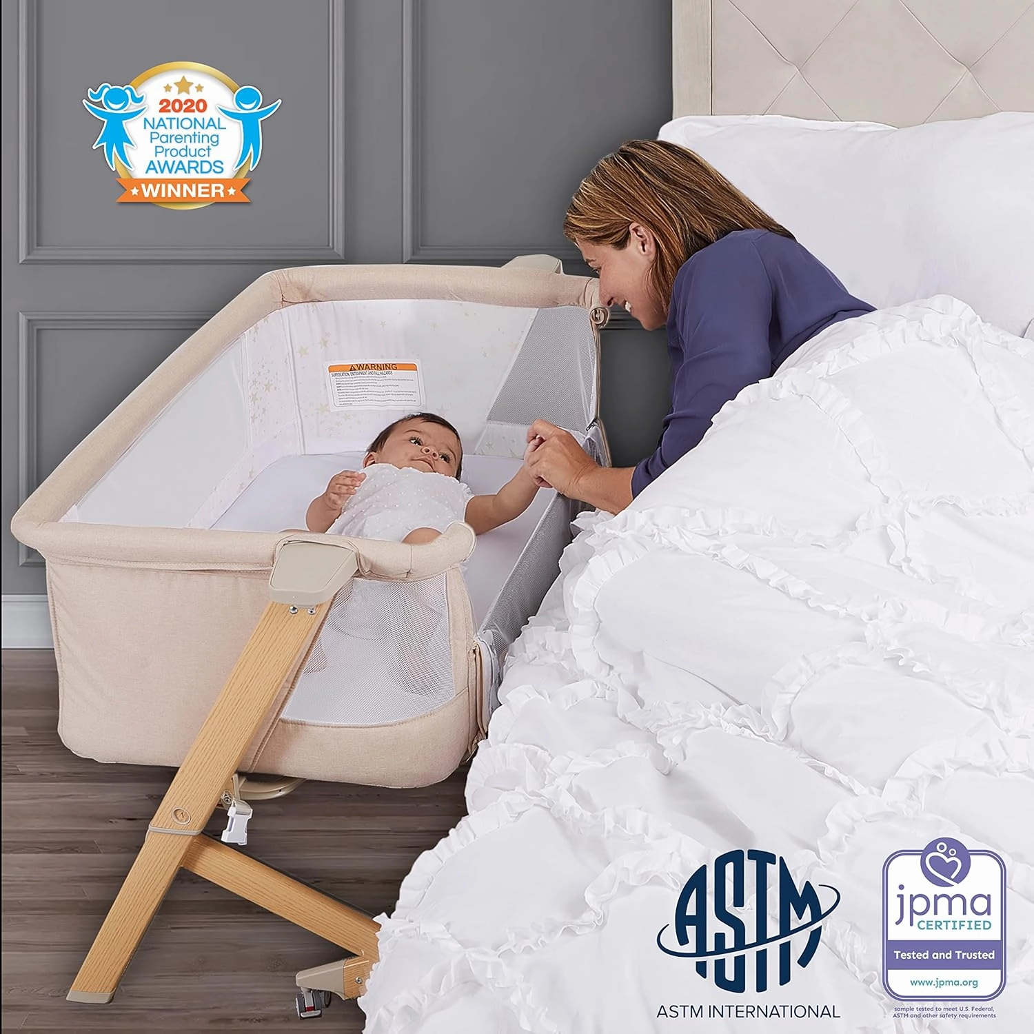Stellar Bassinet and Bedside Sleeper, Easy to Fold and Carry, Lightweight and Portable Baby Bassinet, Height Adjustable, Mattress Pad Included, Beige