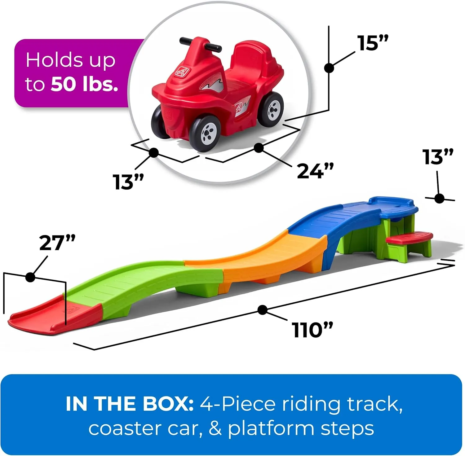 Step2 Up & Down Roller Coaster Kids Ride On Toy, Push Car, Indoor/Outdoor Playset, Made of Durable Plastic, Max Weight 50 lbs., For Toddlers 2-5 Years Old, Multicolor