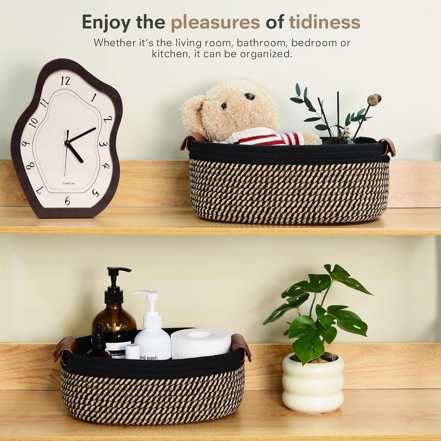 Storage Basket Set of 5 - Cotton Rope Baskets With Leather Handles - Small Woven Basket for Organizing, Nursery, Bathroom Shelves or Bedroom Decor (Black Brown)