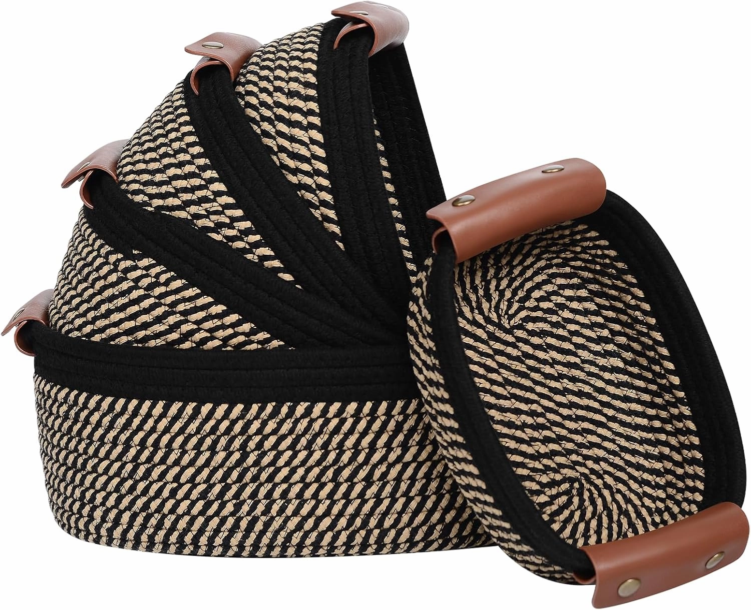 Storage Basket Set of 5 - Cotton Rope Baskets With Leather Handles - Small Woven Basket for Organizing, Nursery, Bathroom Shelves or Bedroom Decor (Black Brown)