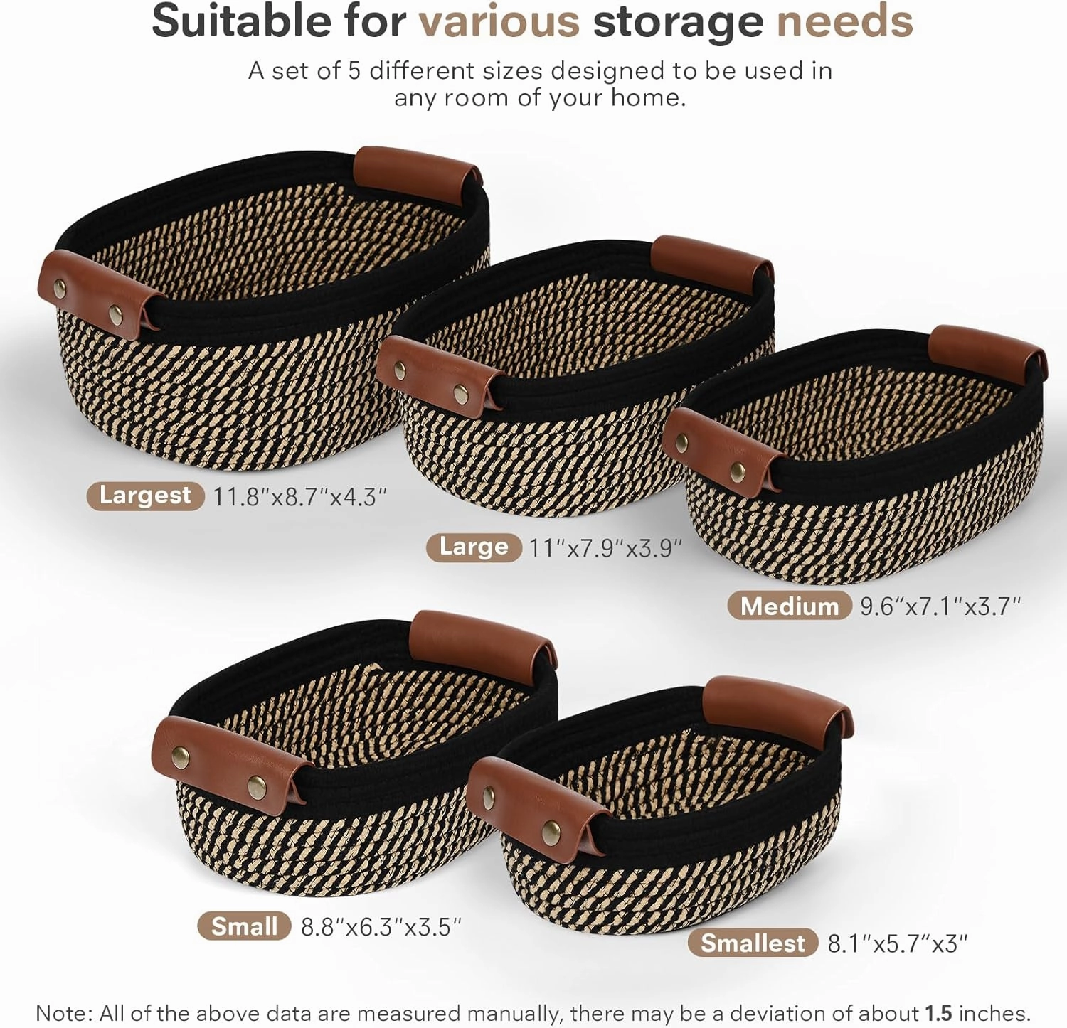 Storage Basket Set of 5 - Cotton Rope Baskets With Leather Handles - Small Woven Basket for Organizing, Nursery, Bathroom Shelves or Bedroom Decor (Black Brown)