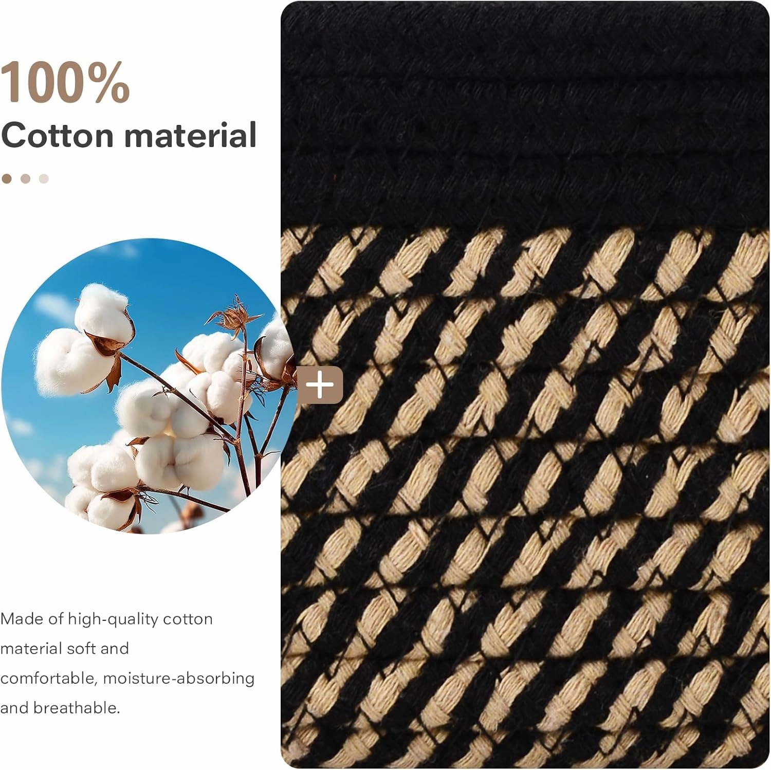Storage Basket Set of 5 - Cotton Rope Baskets With Leather Handles - Small Woven Basket for Organizing, Nursery, Bathroom Shelves or Bedroom Decor (Black Brown)