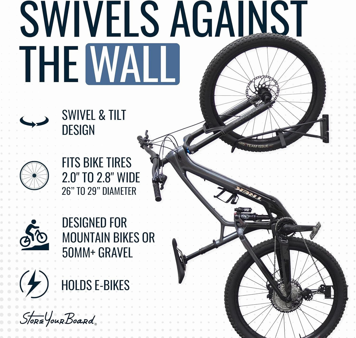 StoreYourBoard SwivelStow Bike Storage Rack 4 Pack, 2 MTB & 2 Road & Gravel Bike Wall Mounts, Heavy Duty Bike Hanger, No-Lift Bike Wall Mount for Garage Bike Storage, Holds 70 lbs, Patent-Pending
