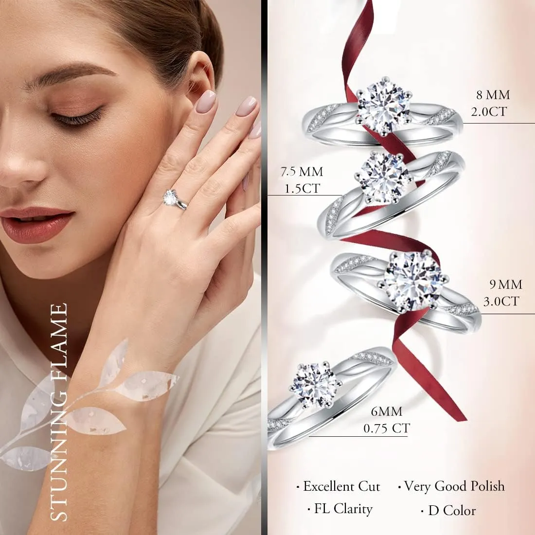 Stunning Flame 0.75ct-3.00ct Solitaire Engagement Ring White Gold Plated Sterling Silver Cubic Zirconia Wedding for Women | Excellent Cut, D Color, FL Clarity & Exquisite Polish