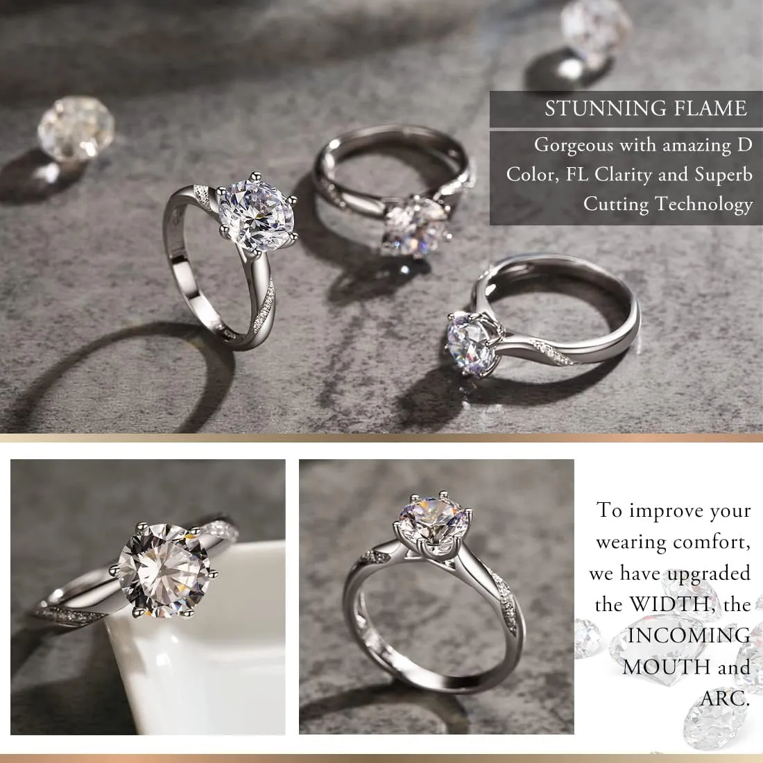 Stunning Flame 0.75ct-3.00ct Solitaire Engagement Ring White Gold Plated Sterling Silver Cubic Zirconia Wedding for Women | Excellent Cut, D Color, FL Clarity & Exquisite Polish