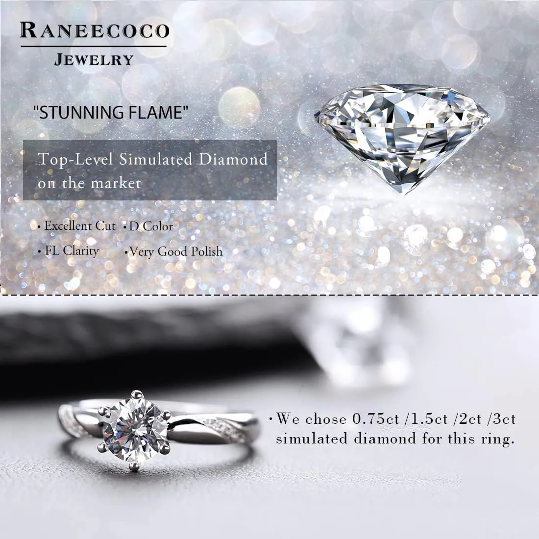 Stunning Flame 0.75ct-3.00ct Solitaire Engagement Ring White Gold Plated Sterling Silver Cubic Zirconia Wedding for Women | Excellent Cut, D Color, FL Clarity & Exquisite Polish