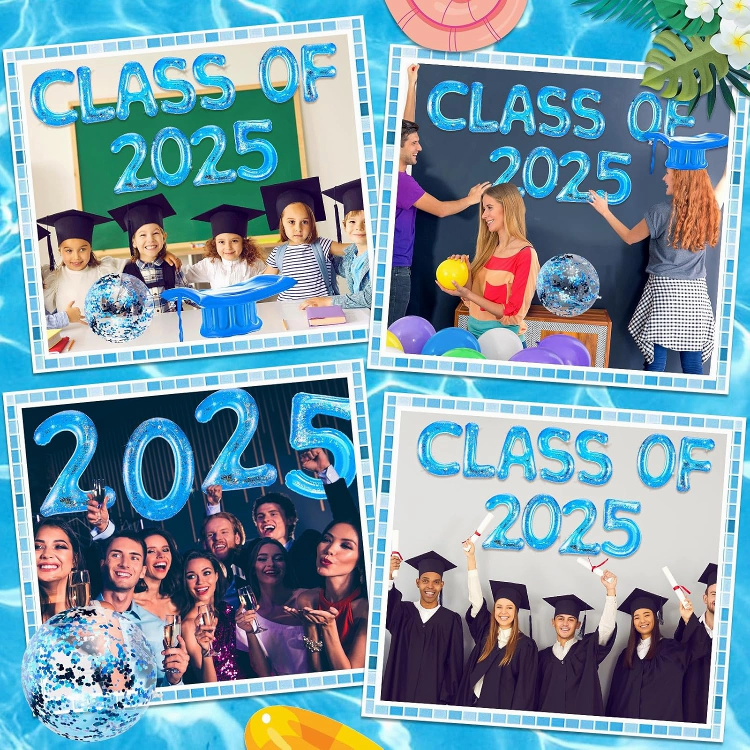Sumind 15 Pcs Large Class of 2025 Graduation Pool Float 15 x 20 Inch Inflatable Letter Float Glitter Grad Party Decor 2025 Graduation Pool Party Decorations with Beach Ball Grad Hat (Blue)