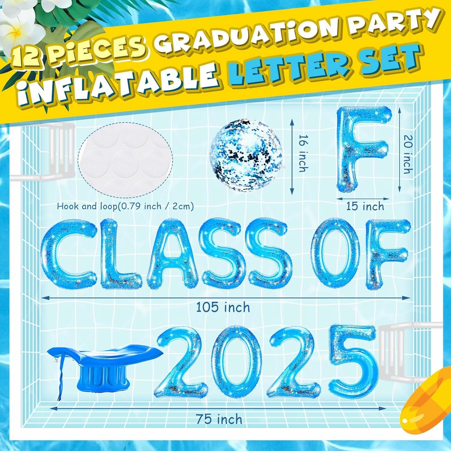 Sumind 15 Pcs Large Class of 2025 Graduation Pool Float 15 x 20 Inch Inflatable Letter Float Glitter Grad Party Decor 2025 Graduation Pool Party Decorations with Beach Ball Grad Hat (Blue)