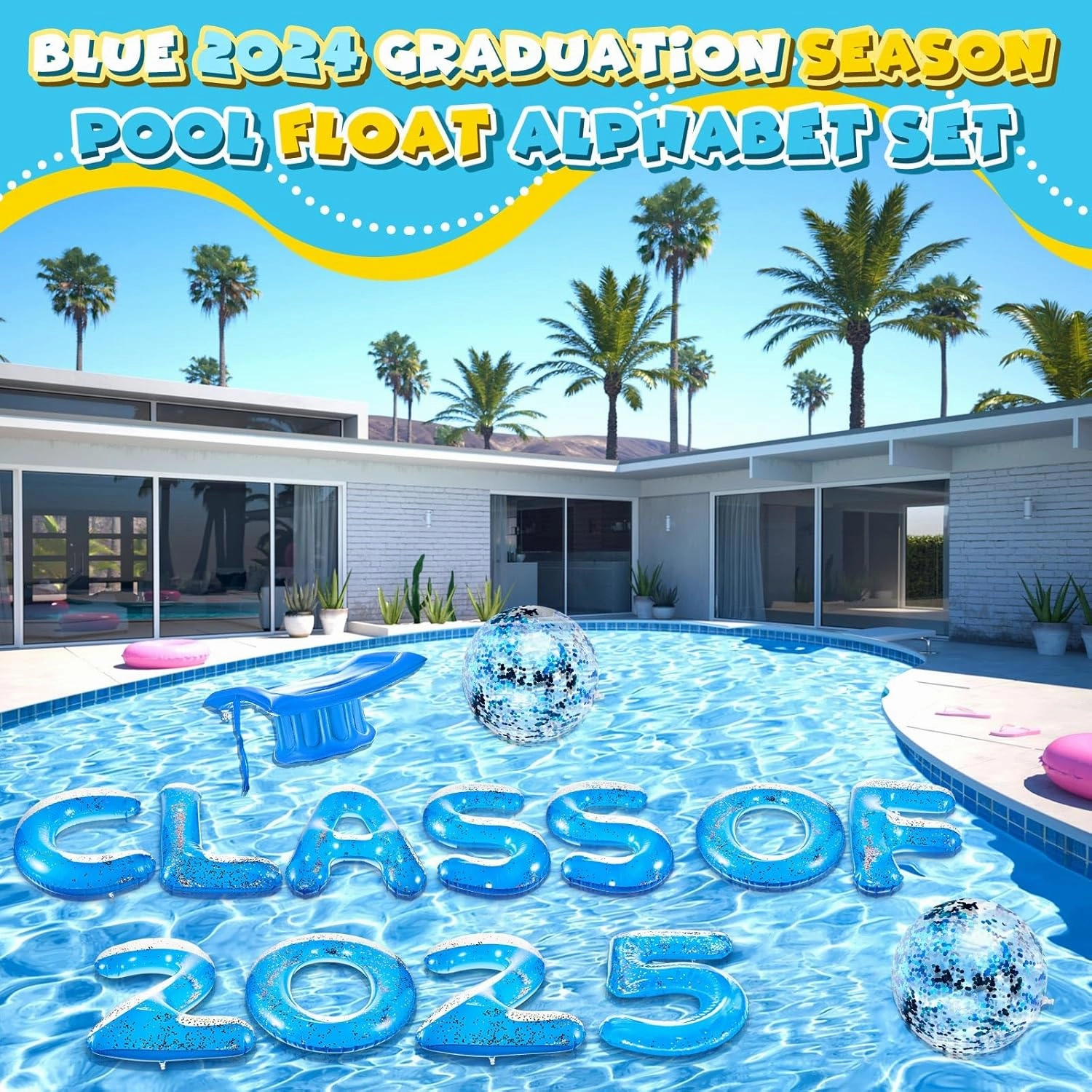 Sumind 15 Pcs Large Class of 2025 Graduation Pool Float 15 x 20 Inch Inflatable Letter Float Glitter Grad Party Decor 2025 Graduation Pool Party Decorations with Beach Ball Grad Hat (Blue)