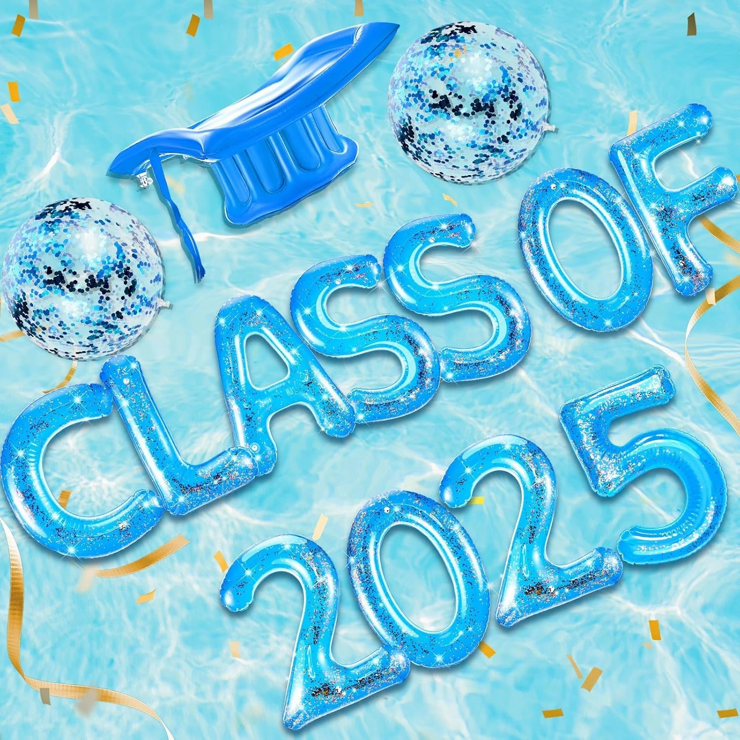 Sumind 15 Pcs Large Class of 2025 Graduation Pool Float 15 x 20 Inch Inflatable Letter Float Glitter Grad Party Decor 2025 Graduation Pool Party Decorations with Beach Ball Grad Hat (Blue)