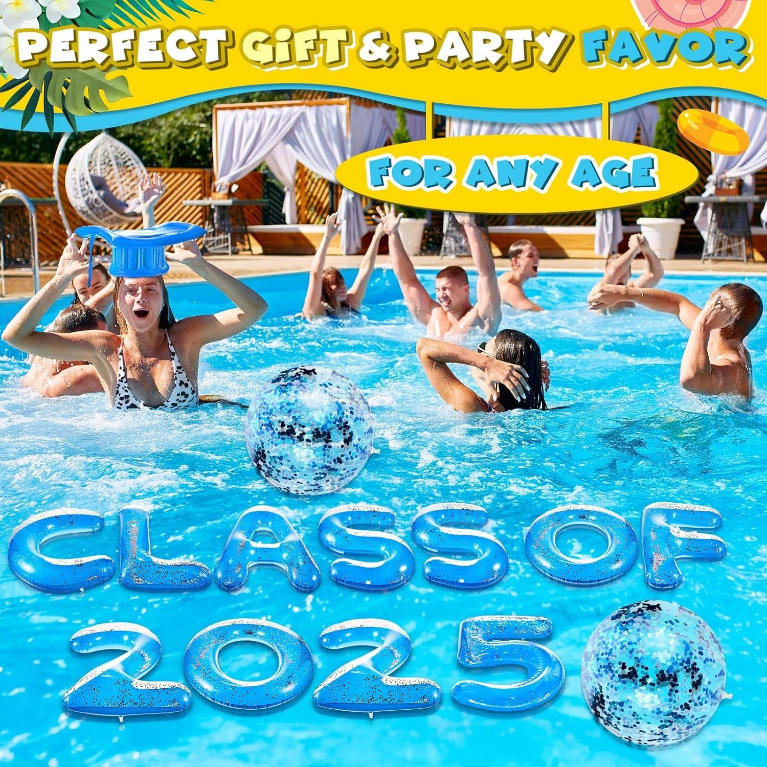 Sumind 15 Pcs Large Class of 2025 Graduation Pool Float 15 x 20 Inch Inflatable Letter Float Glitter Grad Party Decor 2025 Graduation Pool Party Decorations with Beach Ball Grad Hat (Blue)