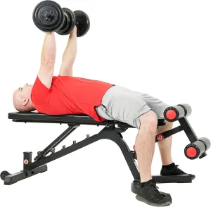 Sunny Health & Fitness Compact Premium Incline Bench Press Bar Rack Set & Optional Leg Extension Developer, Preacher Curl for Solid Strength Training Home Gym