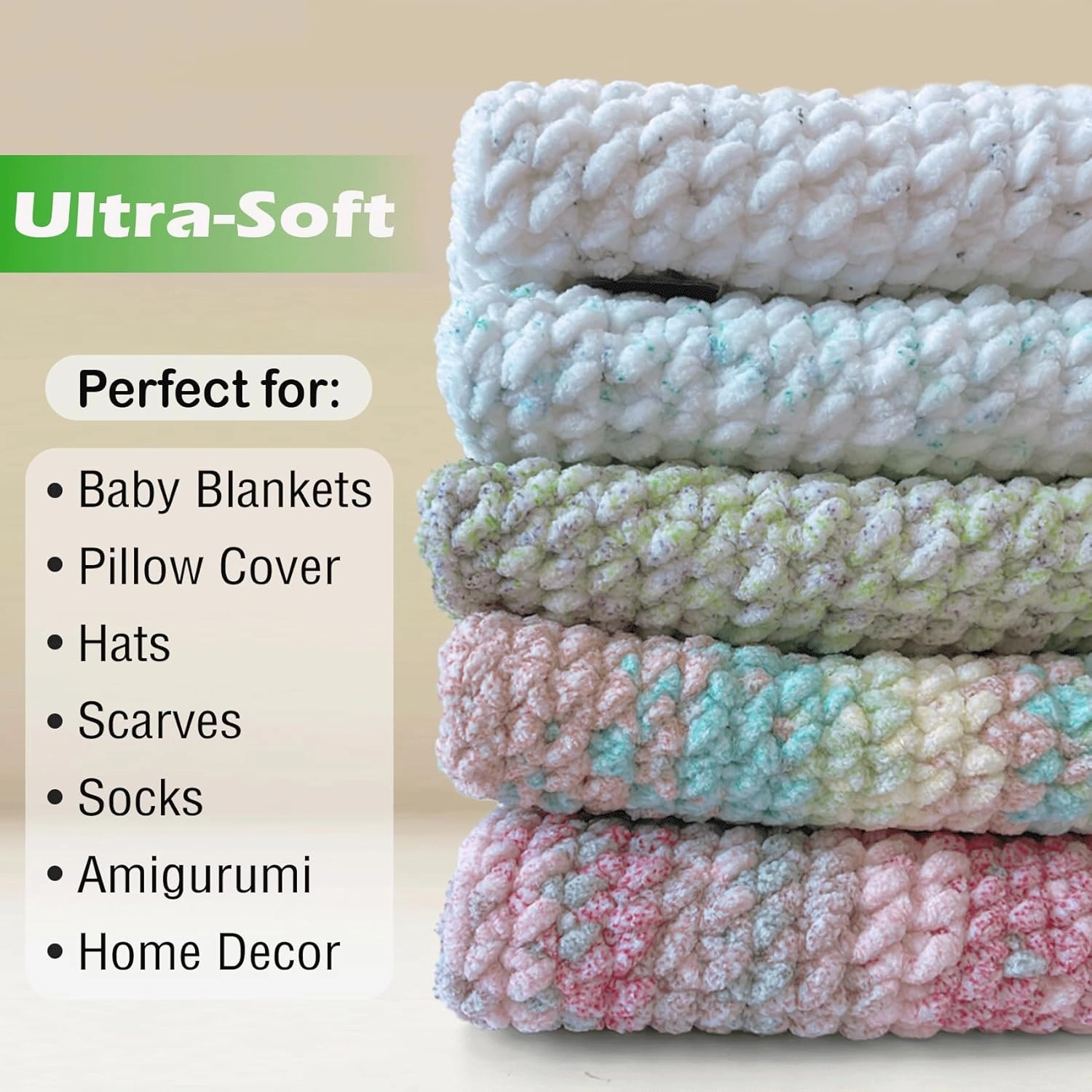 Super Soft and Cozy Chenille Yarn for Crocheting and Knitting -Easy to Crochet with-Bulky #5,3Pack of 3.5oz/93yds -Chunky Plush Yarn for Hand Craft Blanket Ammigurumi (Arctic Mist, 3 Pack)