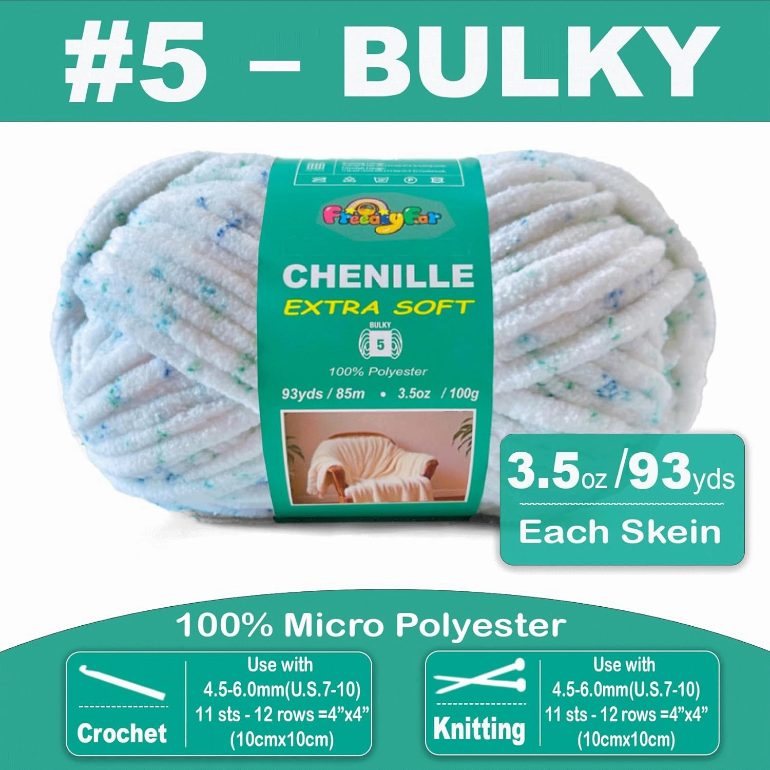 Super Soft and Cozy Chenille Yarn for Crocheting and Knitting -Easy to Crochet with-Bulky #5,3Pack of 3.5oz/93yds -Chunky Plush Yarn for Hand Craft Blanket Ammigurumi (Arctic Mist, 3 Pack)