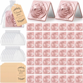 Suzile 50 Sets Rose Compact Mirrors Bulk Wedding Party Favors for Guest Including Rose Shape Travel Portable Purse Mirror with Thank You Tag Organza Bag Gift Souvenir Cute Gold Flower Mirrors