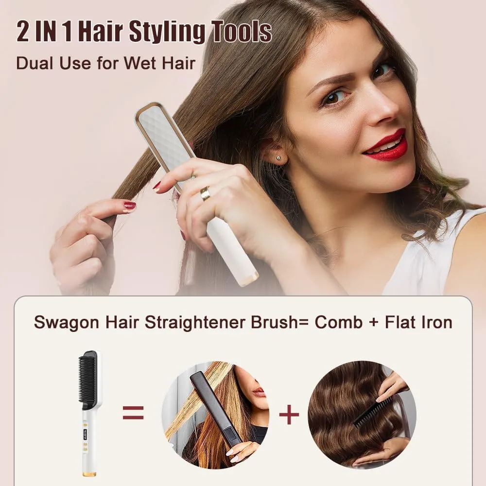 Swagon Anion Hair Straightener Brush,Negative Ion Hair Straightening Styling Comb,Hot Brush Ring Comb with LED Screen,Anti-Scald, Auto-Off, Fast Heating,30 Temp Settings for Home,Travel & Salon