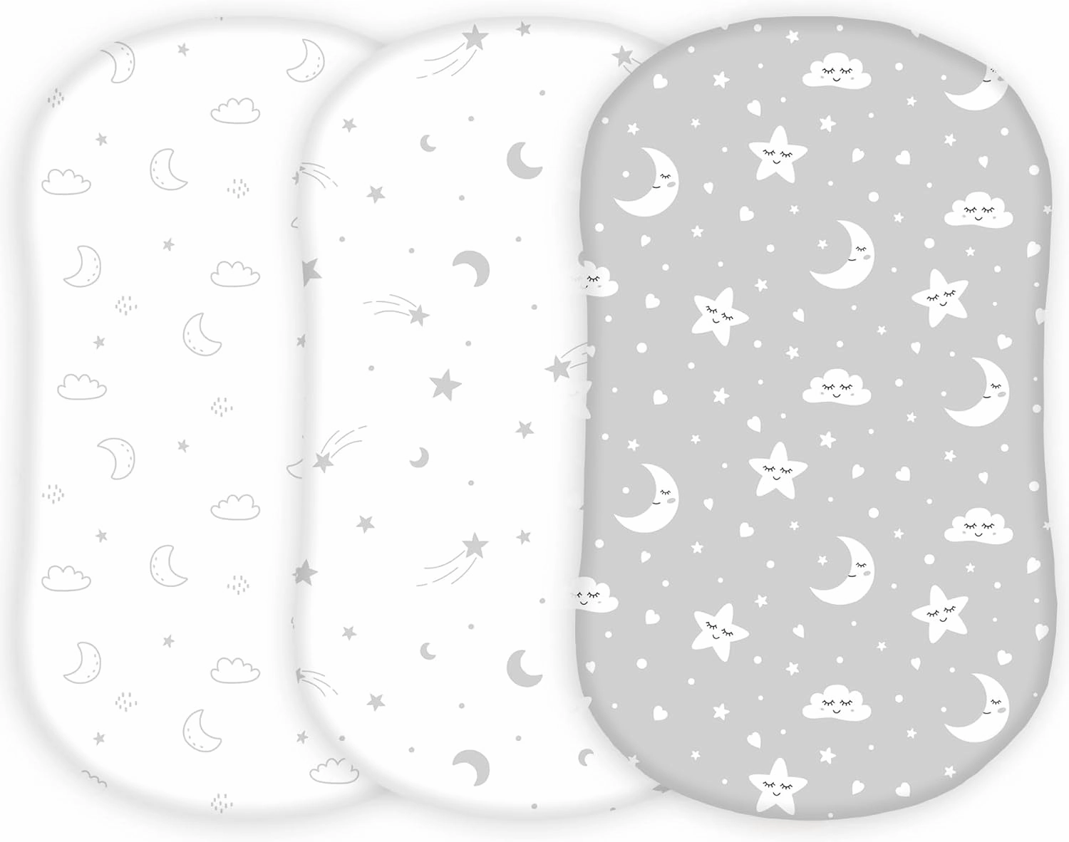 TansyPanda Bassinet Sheets for Halo Bassinest Swivel, Flex, Glide, Premiere and Luxe Series Sleeper, Pack of 3, 33 X 17 Inch, Ultra Soft, Snug Fit, Unisex Boys Girls, Gray White (Moon, Stars, Clouds)