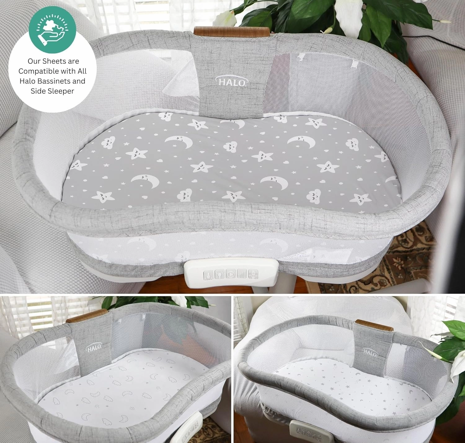TansyPanda Bassinet Sheets for Halo Bassinest Swivel, Flex, Glide, Premiere and Luxe Series Sleeper, Pack of 3, 33 X 17 Inch, Ultra Soft, Snug Fit, Unisex Boys Girls, Gray White (Moon, Stars, Clouds)