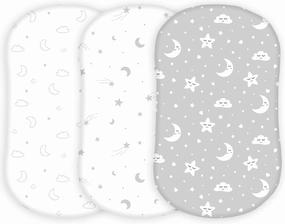 TansyPanda Bassinet Sheets for Halo Bassinest Swivel, Flex, Glide, Premiere and Luxe Series Sleeper, Pack of 3, 33 X 17 Inch, Ultra Soft, Snug Fit, Unisex Boys Girls, Gray White (Moon, Stars, Clouds)