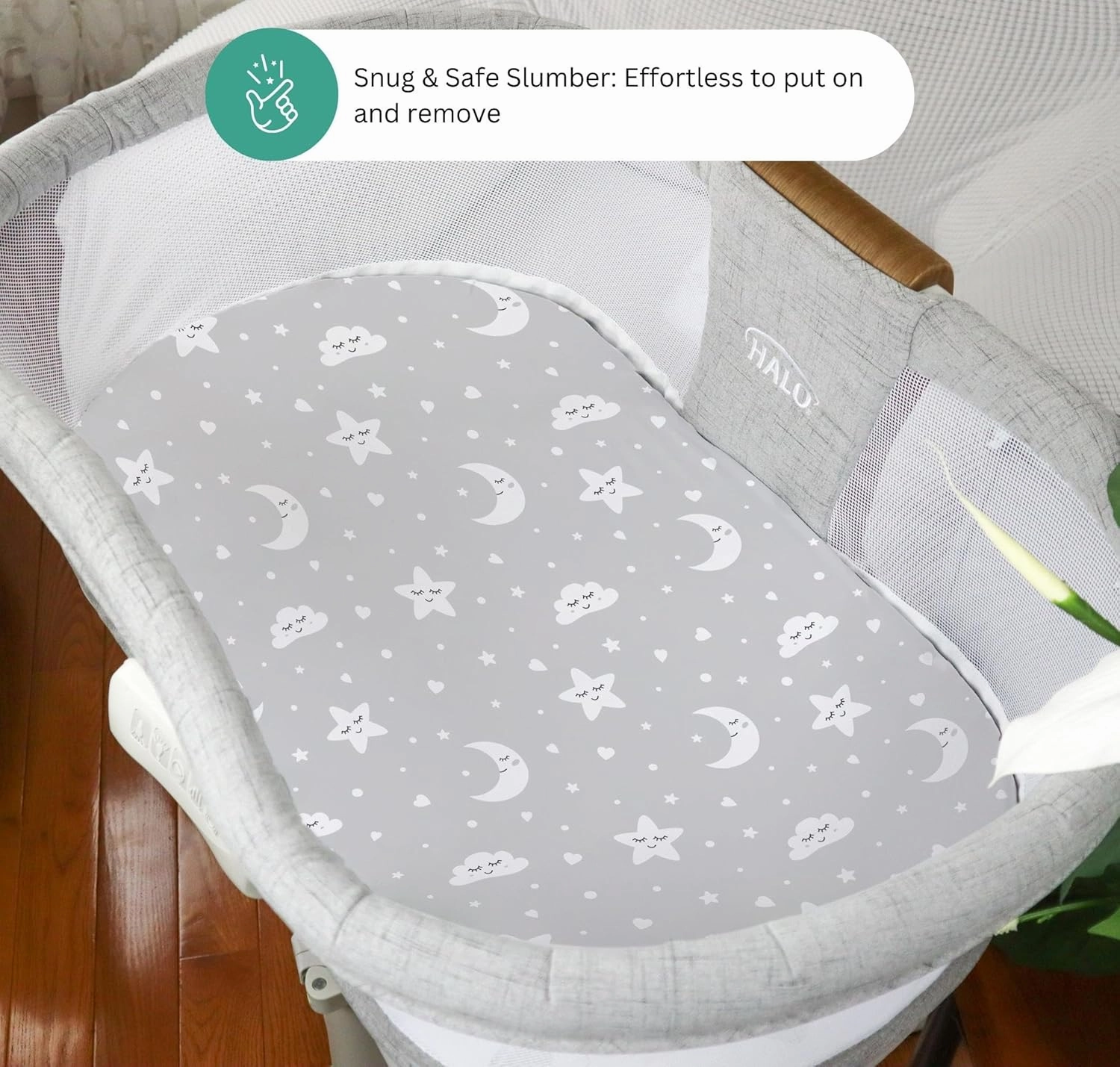 TansyPanda Bassinet Sheets for Halo Bassinest Swivel, Flex, Glide, Premiere and Luxe Series Sleeper, Pack of 3, 33 X 17 Inch, Ultra Soft, Snug Fit, Unisex Boys Girls, Gray White (Moon, Stars, Clouds)